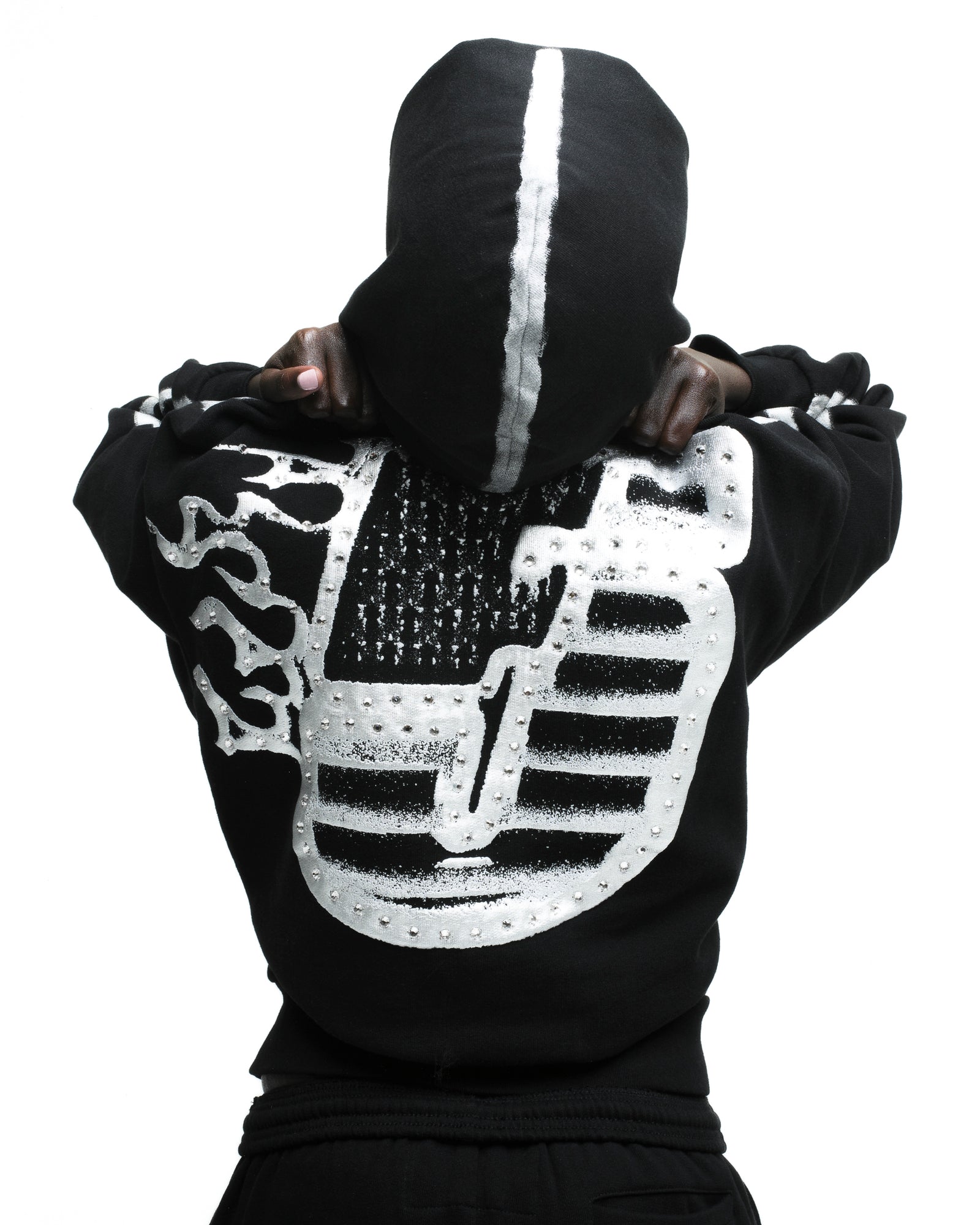 Black cotton fleece hoodie with metallic grenade graphic and flaming "5" on back, sprayed stripe on hood.