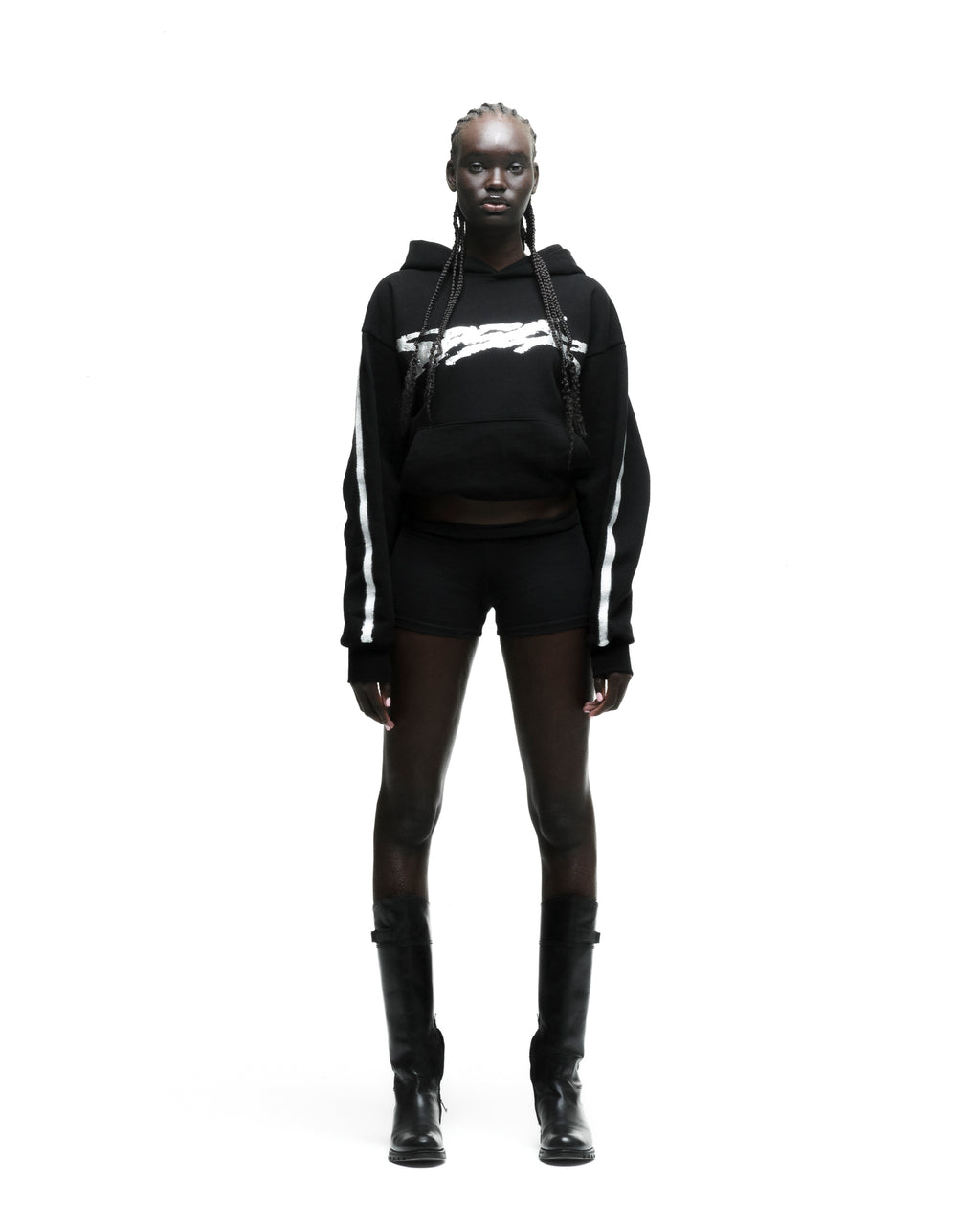 Black cotton fleece hoodie with metallic graphic, rhinestone SP5DER logo, and sprayed-effect stripes.