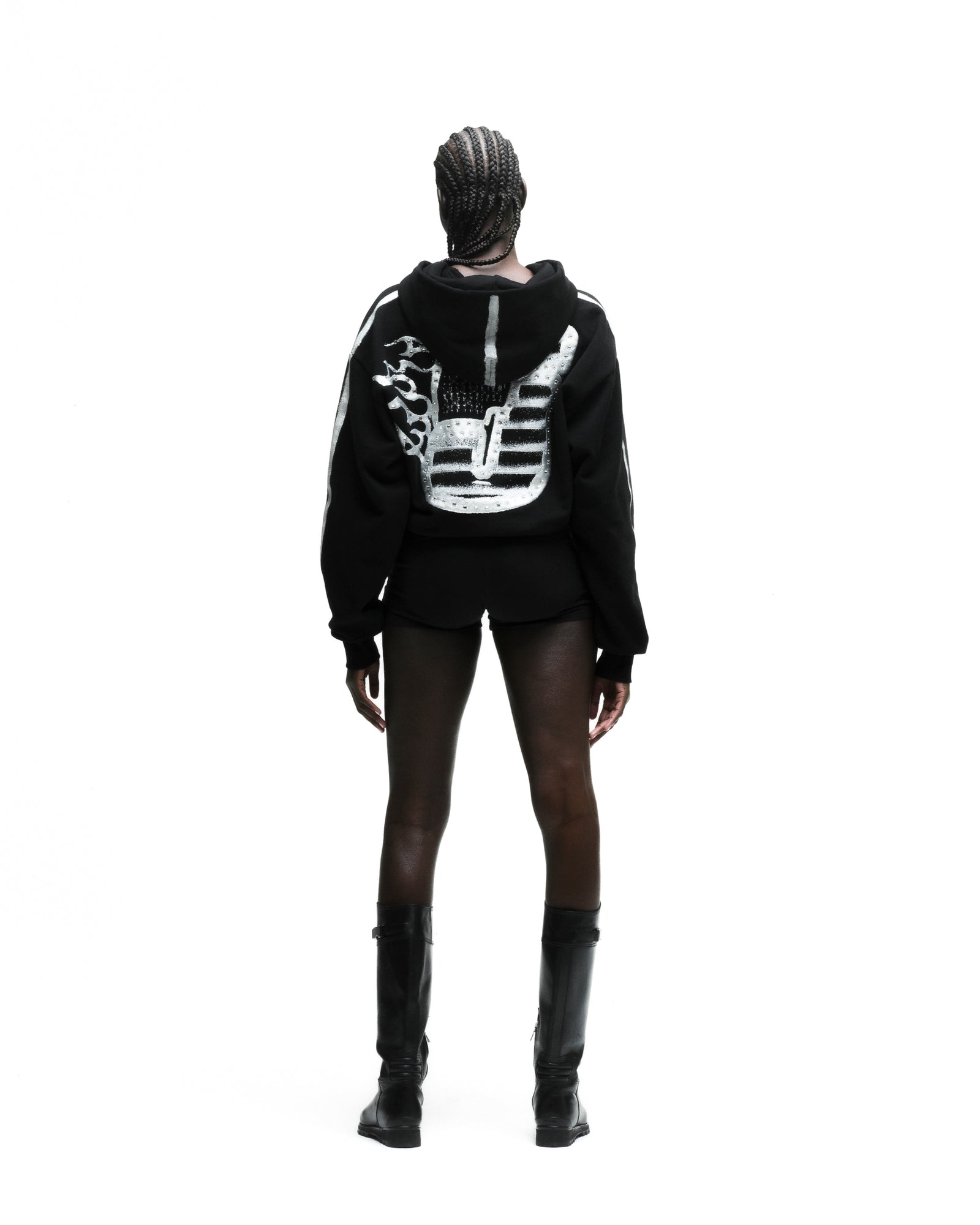 Black fleece hoodie with flaming "5" rhinestone graphic on back, sprayed stripe on sleeves.