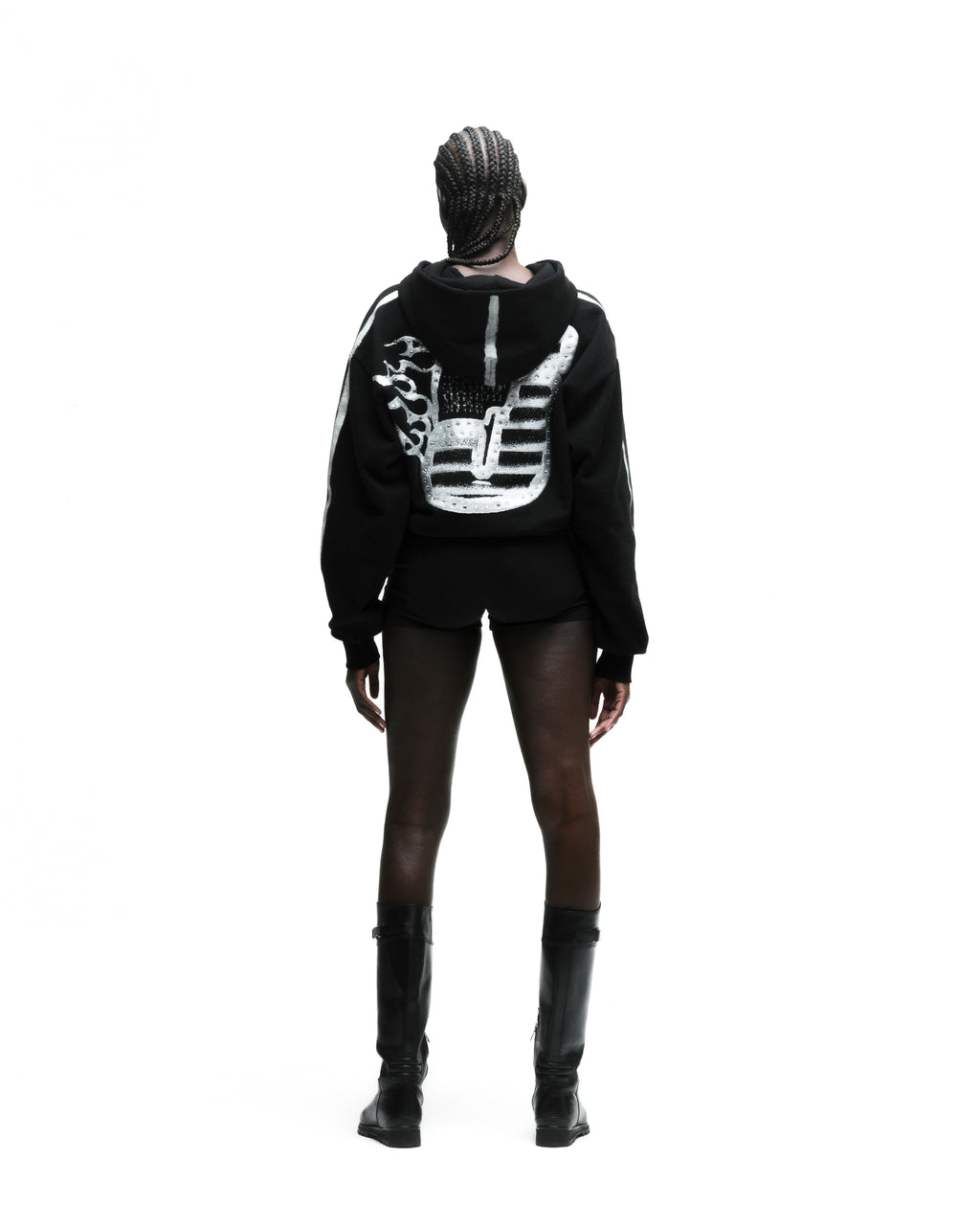 Black fleece hoodie with flaming "5" rhinestone graphic on back, sprayed stripe on sleeves.