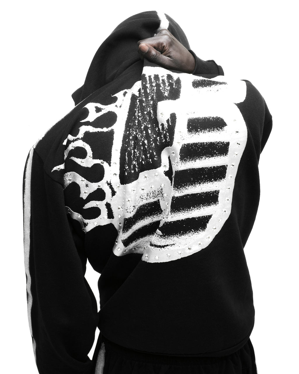 Black cotton fleece hoodie with flaming "5" and rhinestone accents on back.