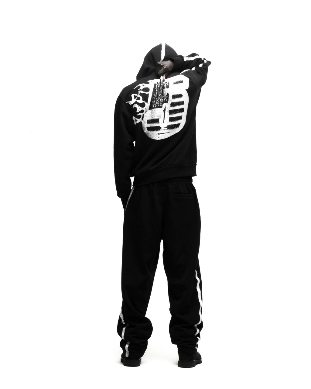 Black SCREAMING EAGLE HOODIE with flaming "5" graphic, rhinestone accents, and sprayed stripes.