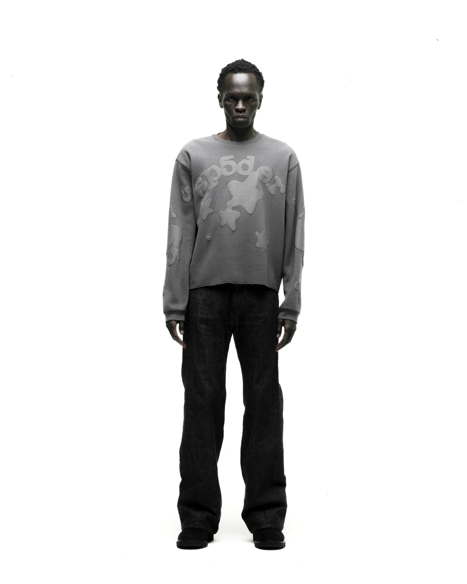 Gray waffle knit thermal with ribbed collar, hem, cuffs, and "Beluga" print on front and sleeves.