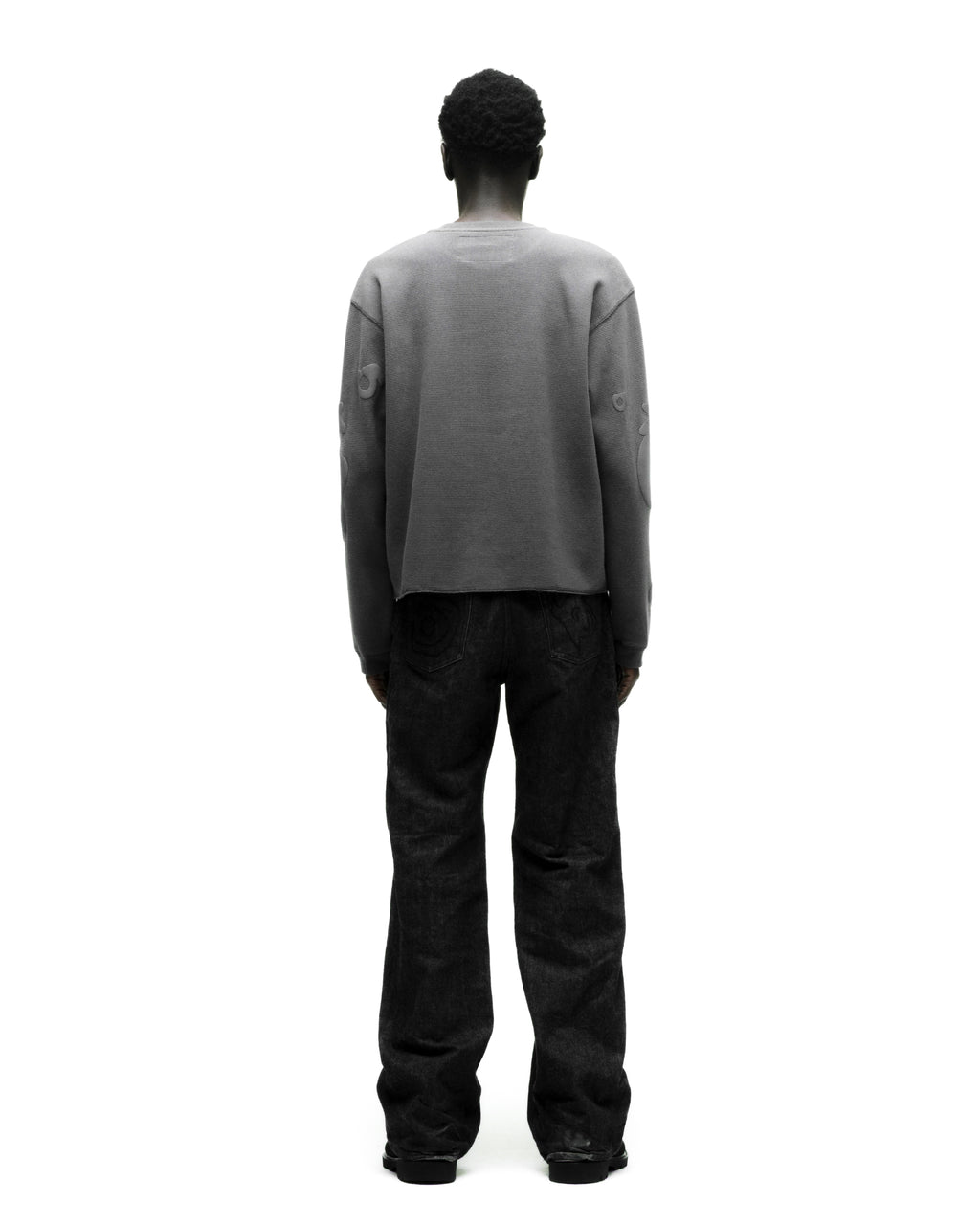 Gray waffle knit thermal with Beluga print, ribbed collar, hem, and cuffs, worn by a person facing away.
