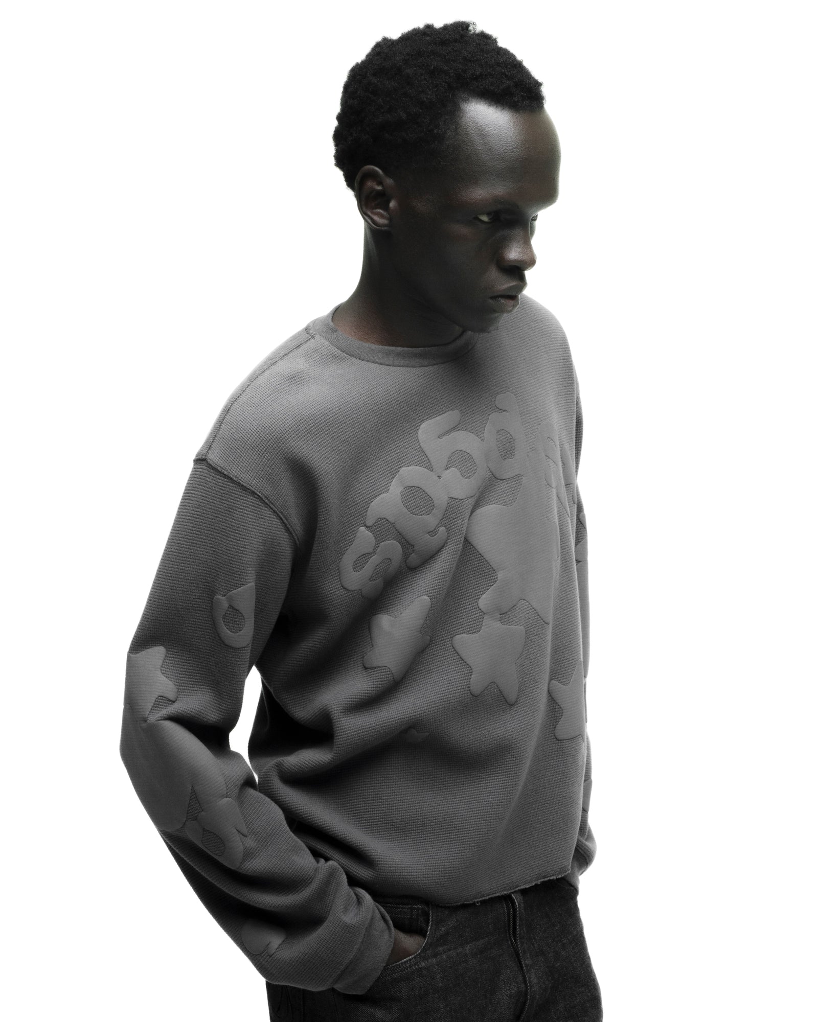 BELUGA THERMAL: Gray waffle knit thermal with ribbed trim and tonal Beluga print on front and sleeves.