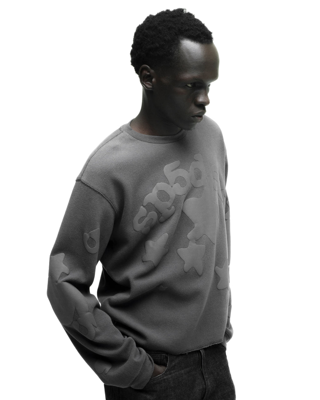 BELUGA THERMAL: Gray waffle knit thermal with ribbed trim and tonal Beluga print on front and sleeves.