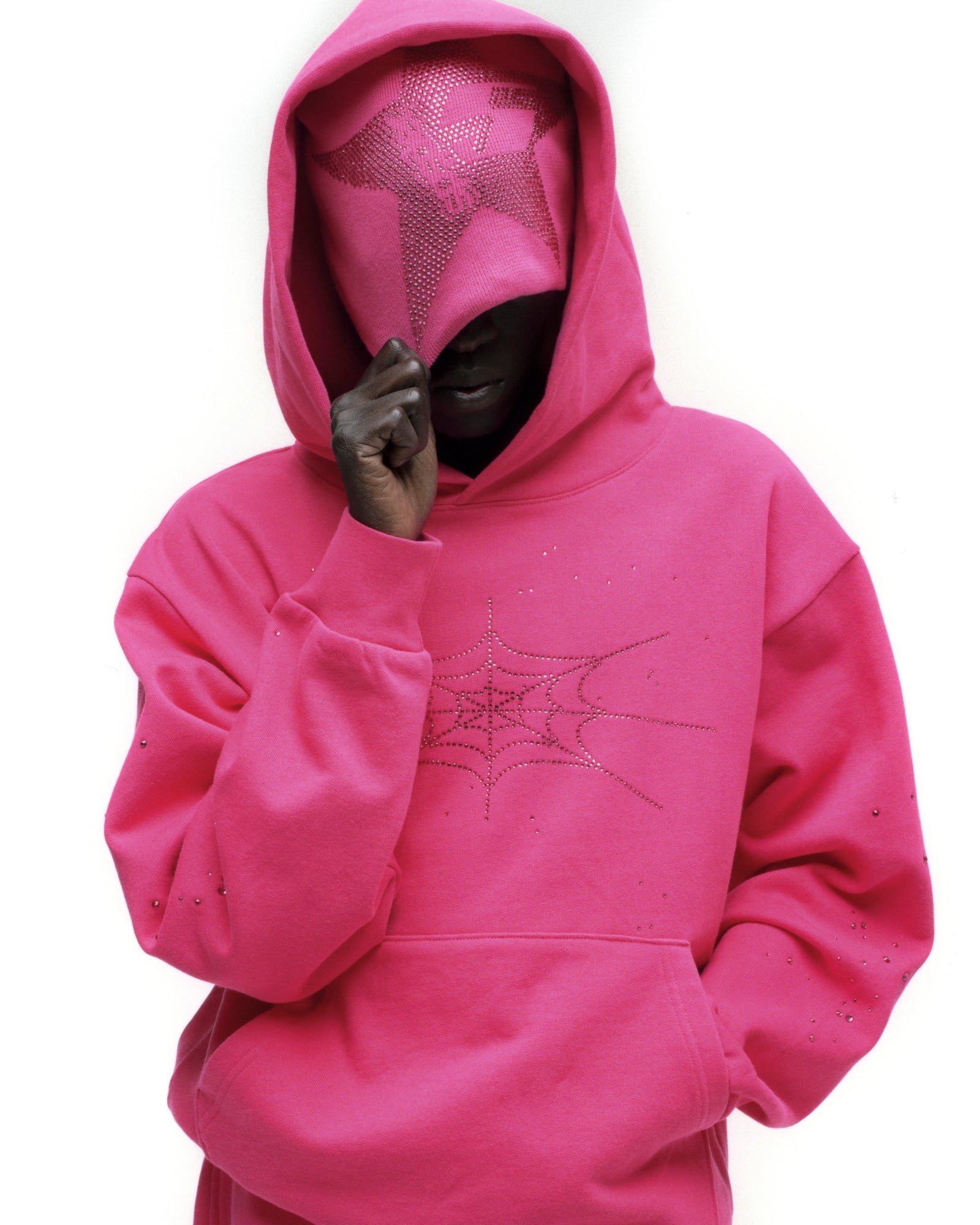Pink acrylic hoodie with rhinestone spiderweb design and matching star rhinestone balaclava.