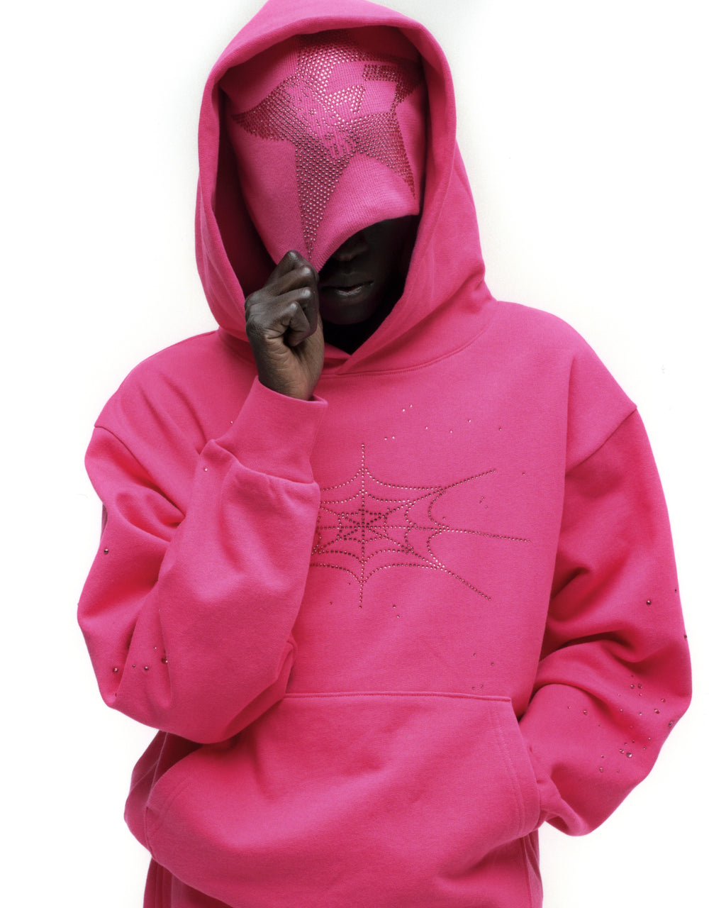 Pink acrylic hoodie with rhinestone spiderweb design and matching star rhinestone balaclava.