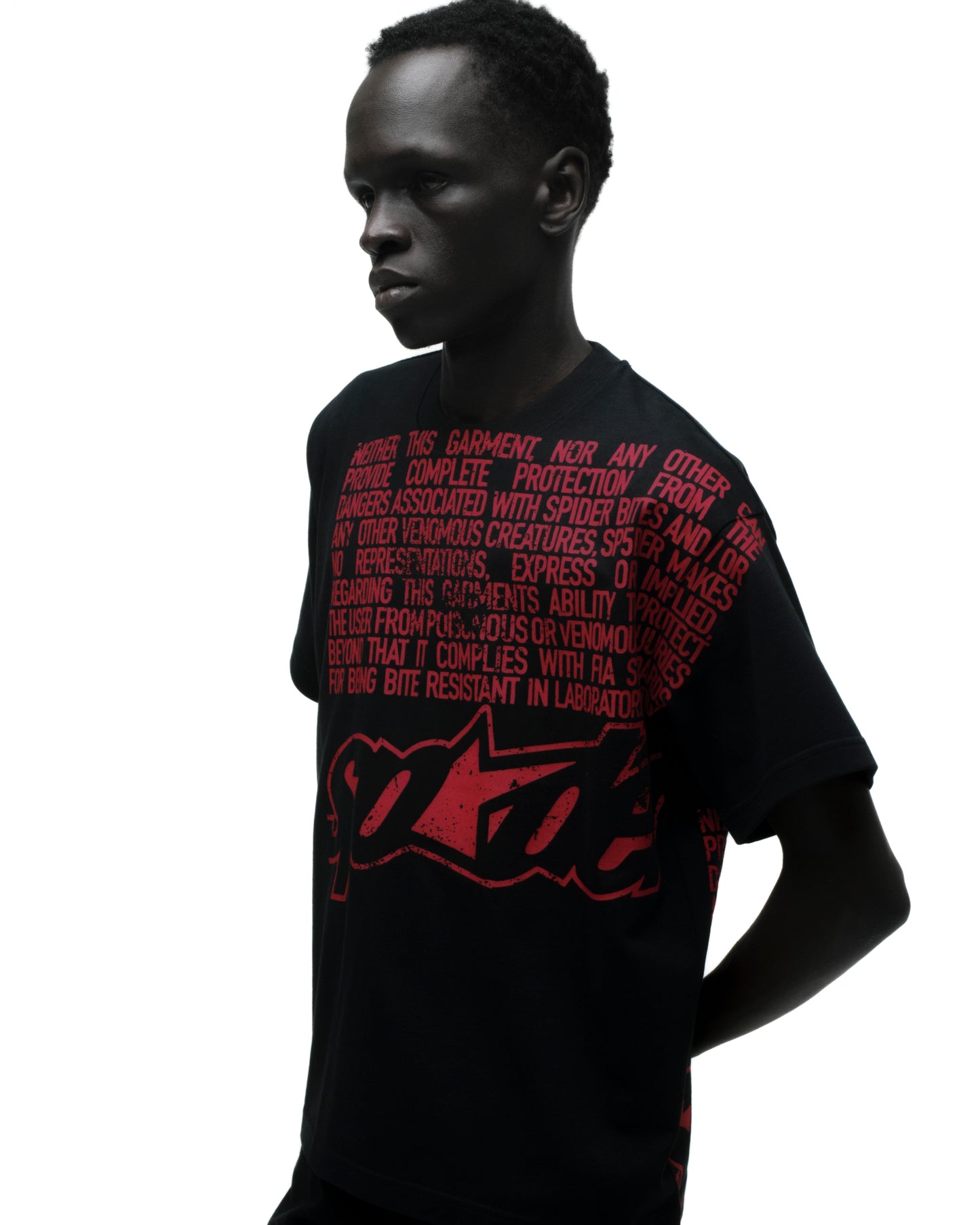 DISCLAIMER TEE ON MODEL