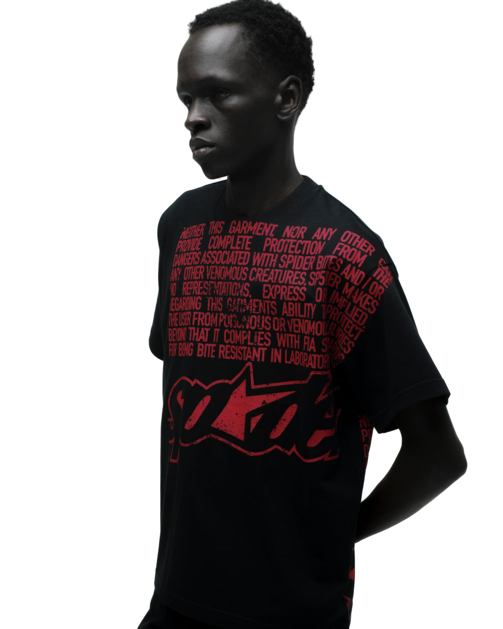 DISCLAIMER TEE ON MODEL