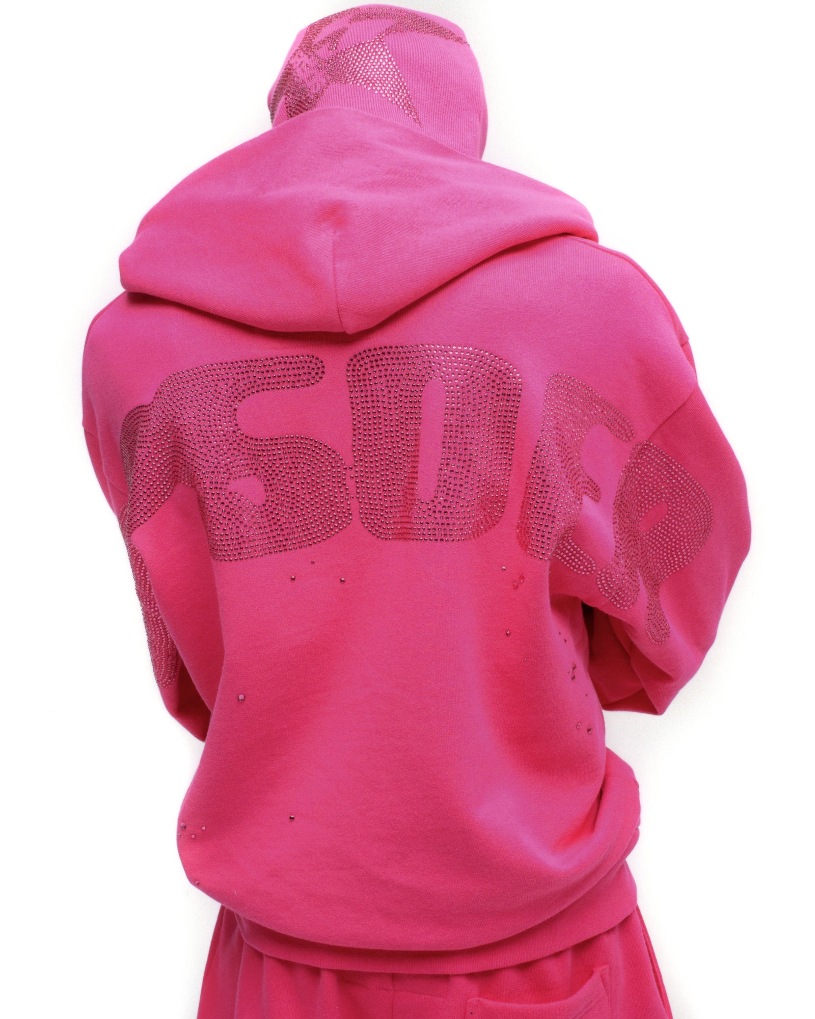 Pink 100% cotton fleece hoodie with rhinestone design on back and hood.