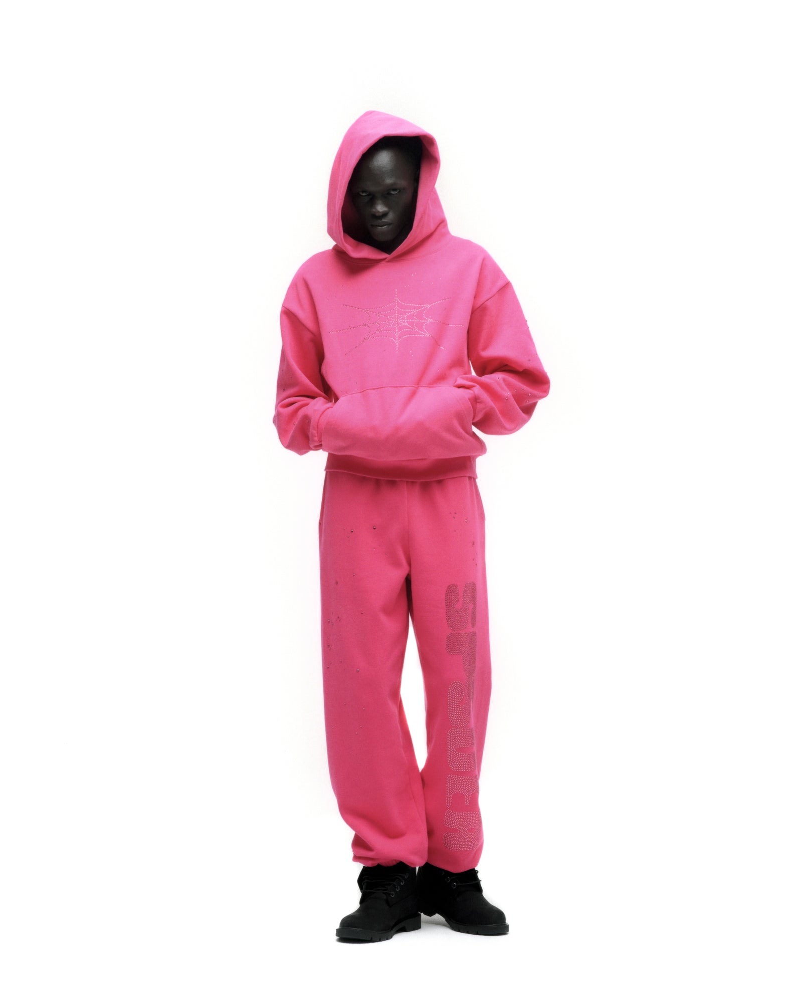 Pink cotton fleece hoodie and sweatpants with rhinestone designs.