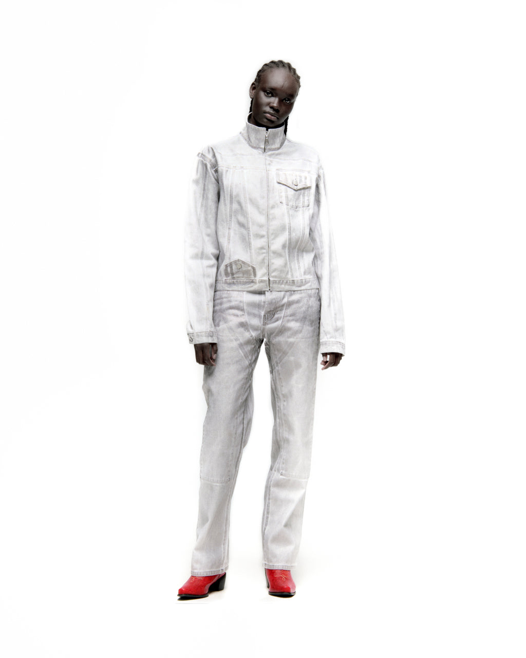 Platinum Trucker Jacket: Spray-effect white denim jacket and matching jeans with contrast seams, zip closure, and pockets.