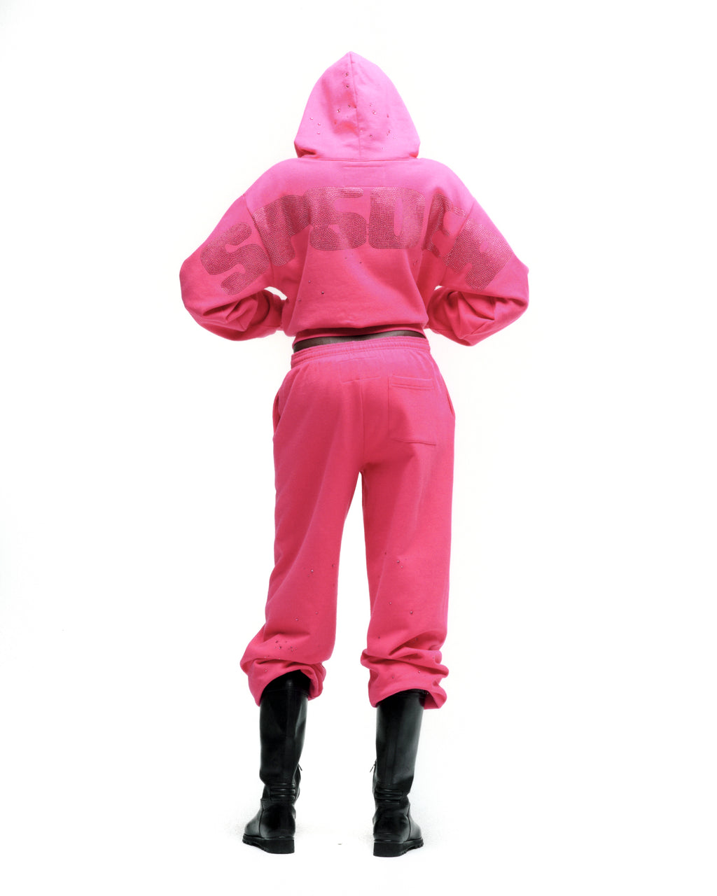 Pink rhinestone silk hoodie and sweatpants set, seen from the back.