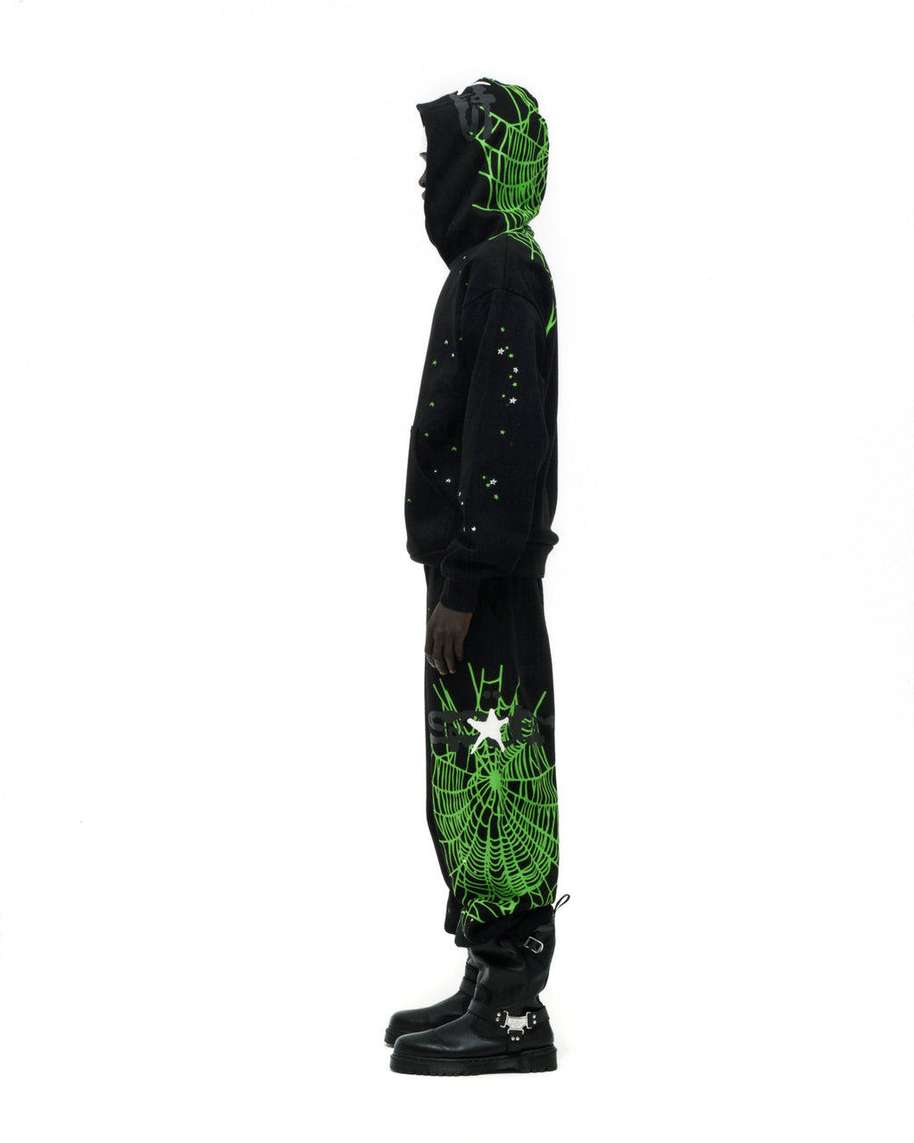 Black HEAVY WEB HOODIE and sweatpants with bright green web and star puff prints.