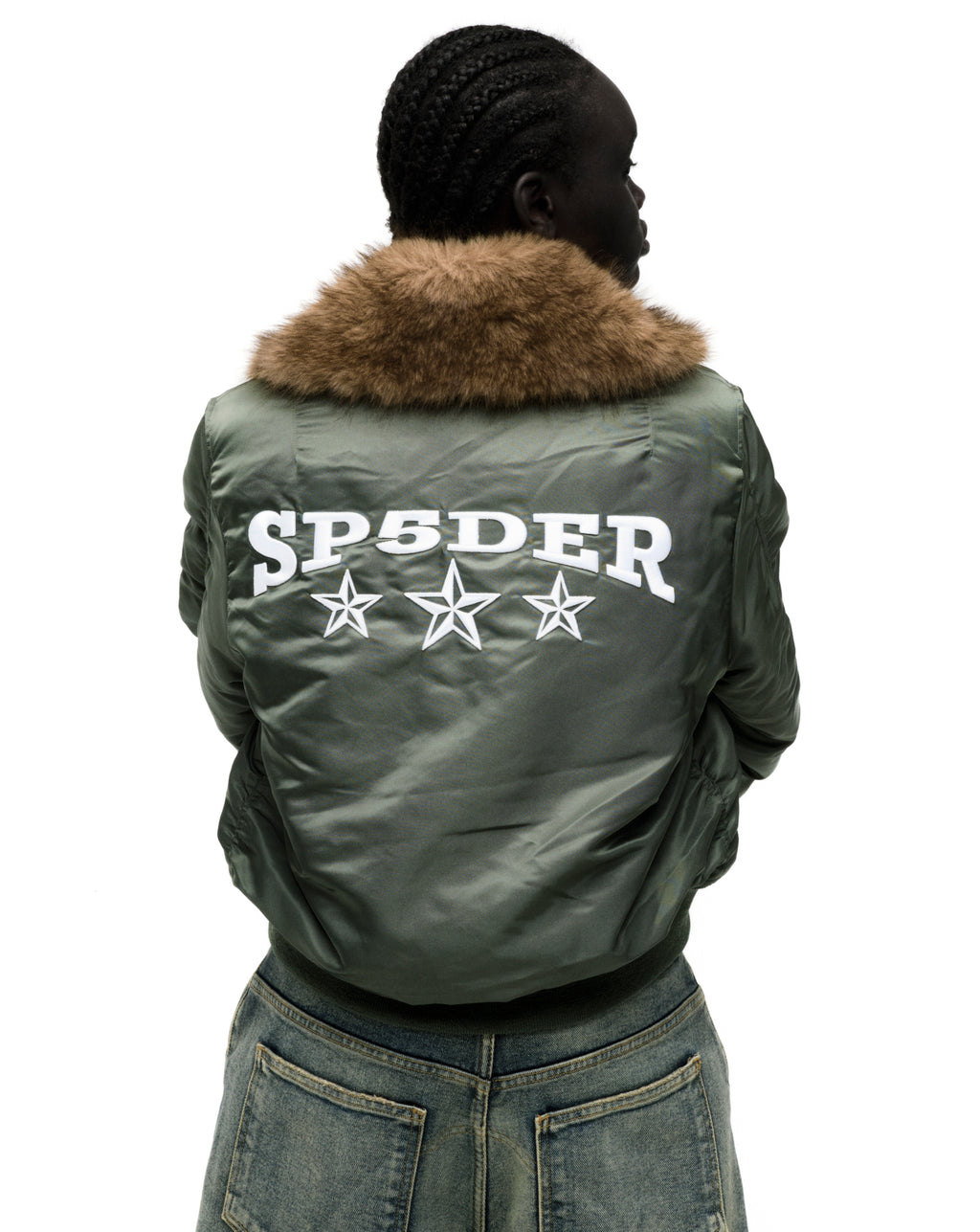 Olive green nylon bomber jacket with faux fur collar and white SP5DER graphic with stars on the back.