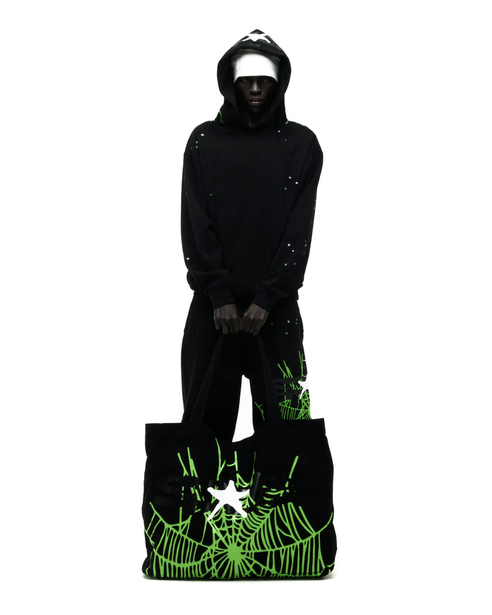 Black 8oz brushed twill tote bag with a vibrant green heavy web graphic print.