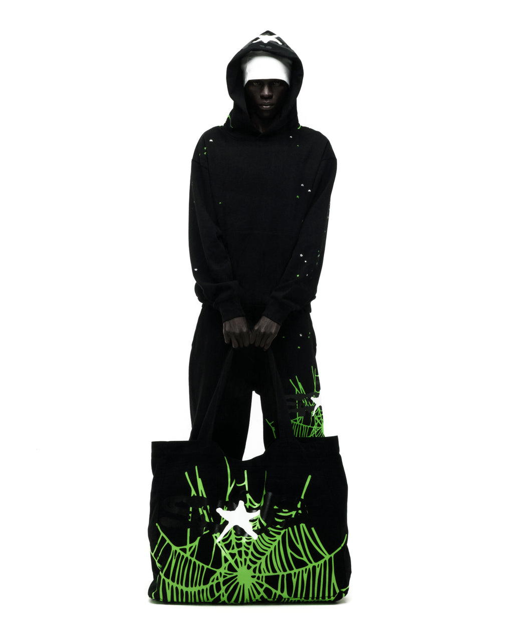 Black 8oz brushed twill tote bag with a vibrant green heavy web graphic print.