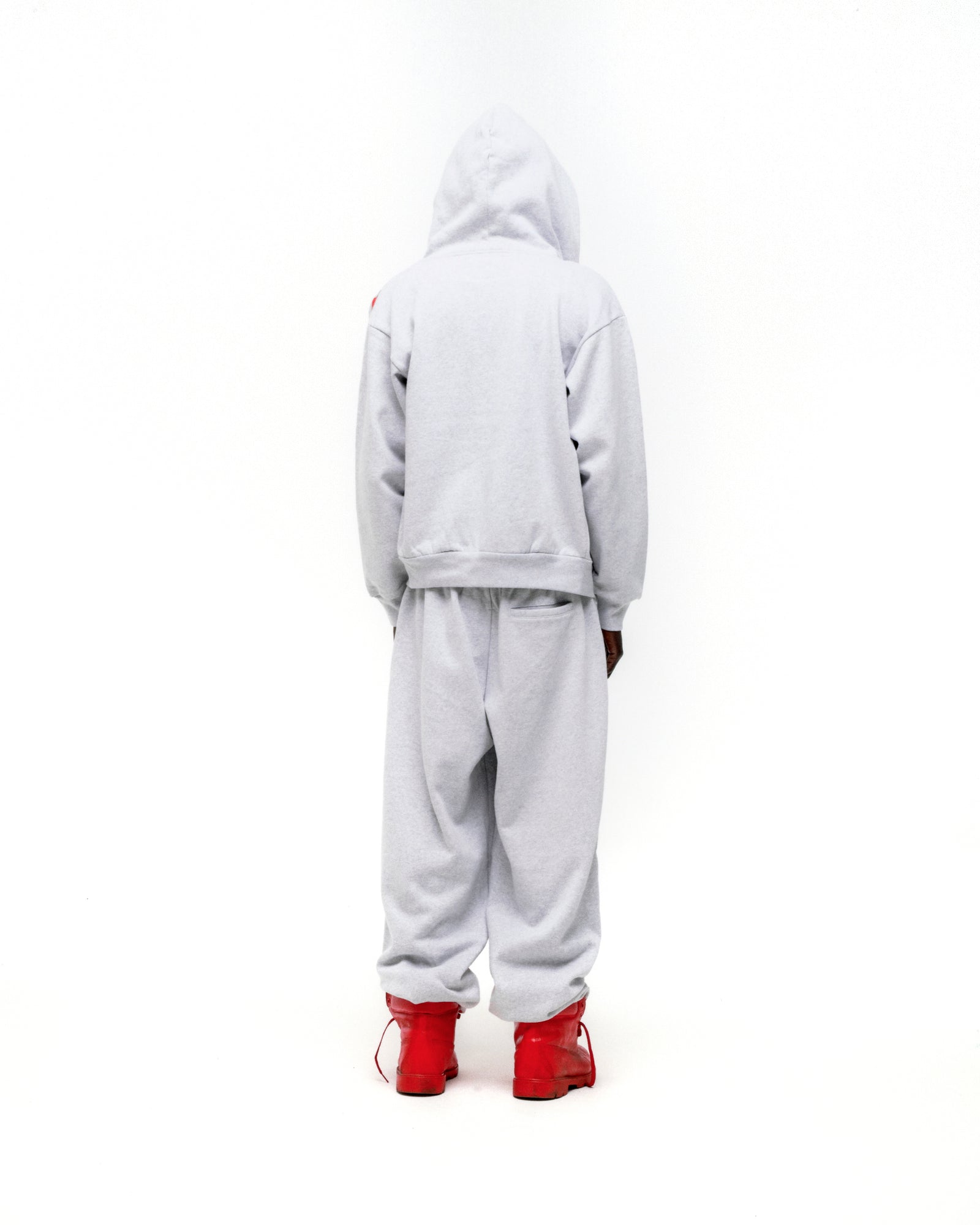 Light grey cotton fleece MX555 zip hoodie and sweatpants with red foil SP5DER print.