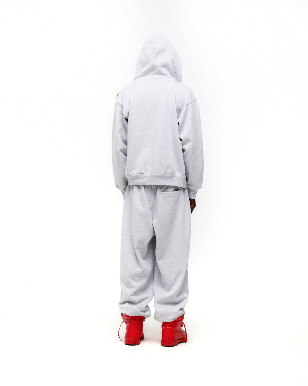 Light grey cotton fleece MX555 zip hoodie and sweatpants with red foil SP5DER print.