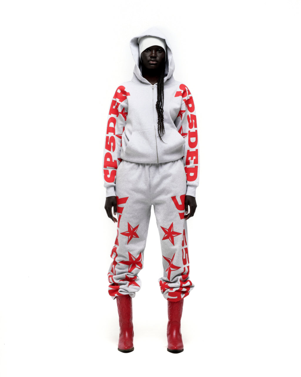 Light grey cotton fleece MX555 ZIP HOODIE and sweatpants with red SP5DER text and star prints.