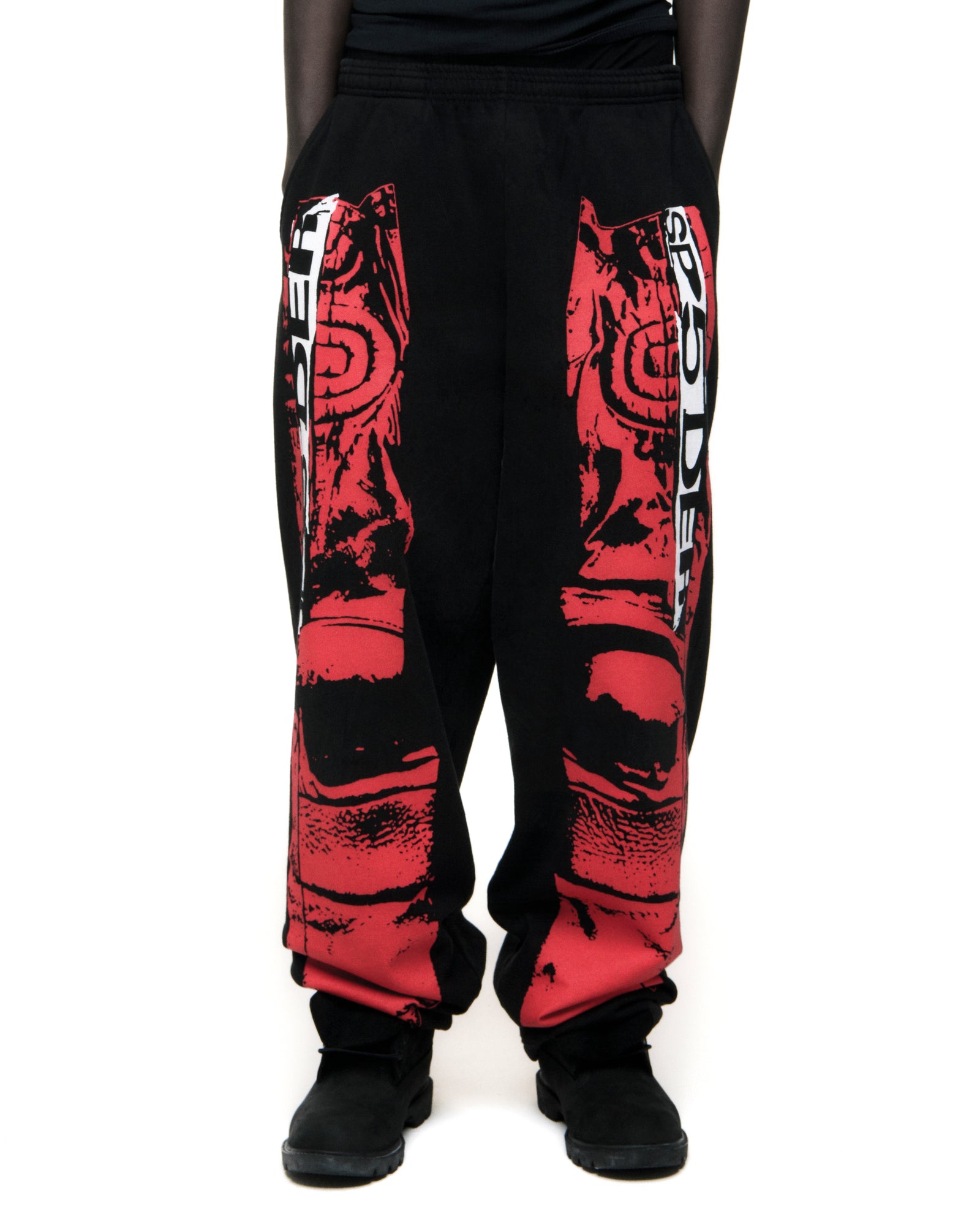 Black JP5 Moto Sweatpants with red painted moto design, wide-leg, and elasticized waistband.