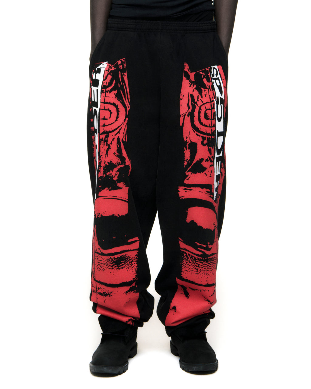 Black JP5 Moto Sweatpants with red painted moto design, wide-leg, and elasticized waistband.