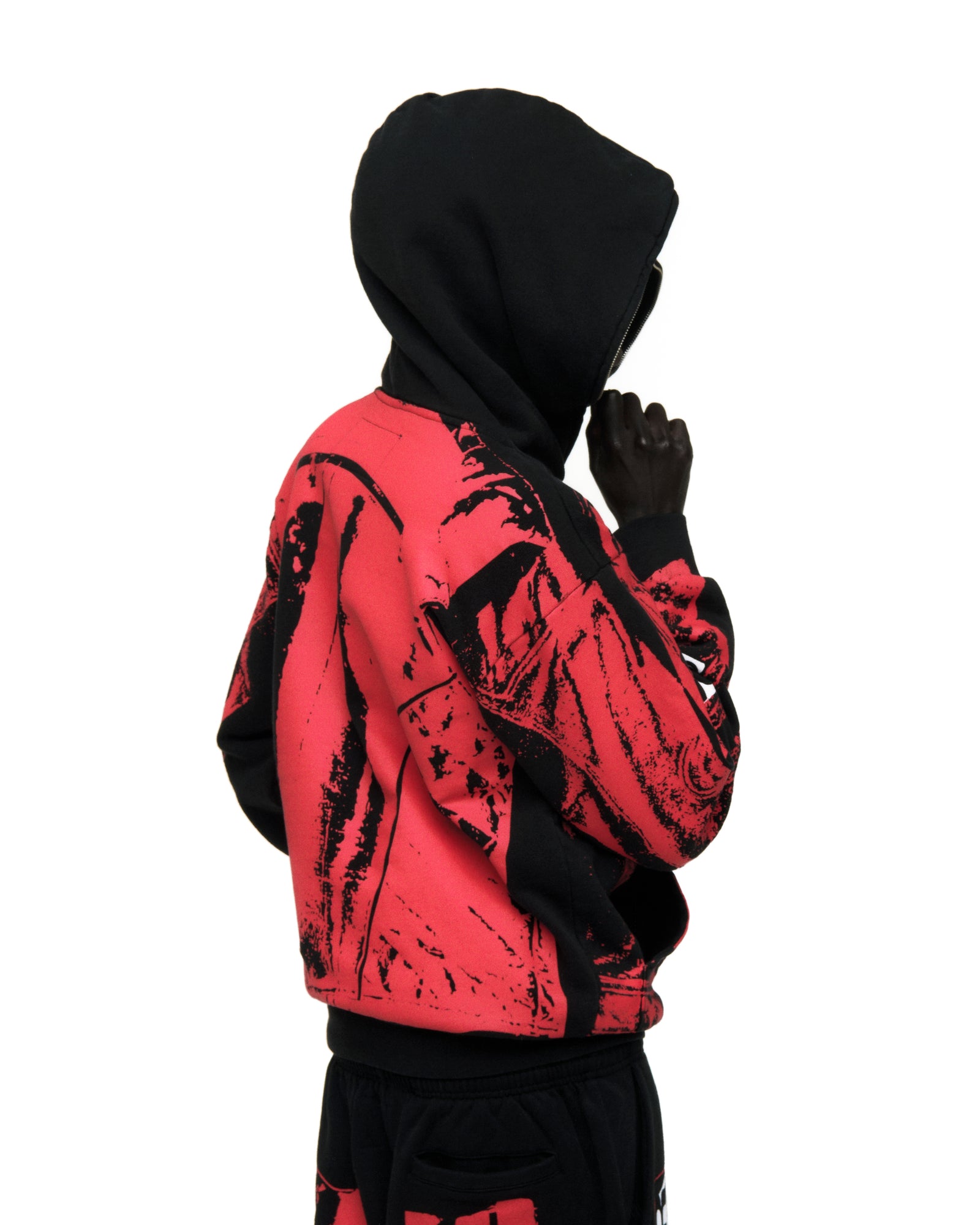 JP5 Moto Hoodie: Black and red 13oz cotton fleece hoodie with painted moto design, full zipper, kangaroo pocket, ribbed cuffs.