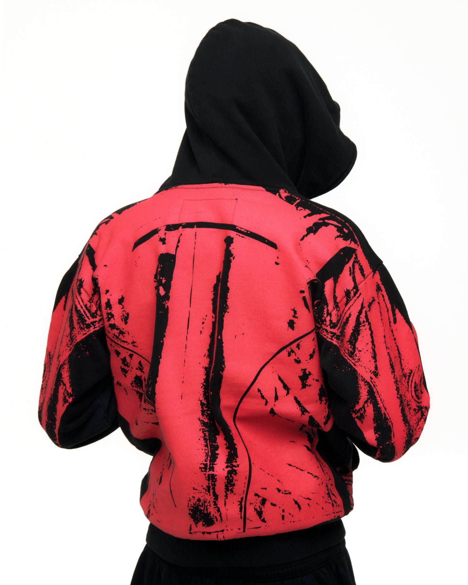 JP5 MOTO HOODIE: Black 13oz cotton fleece hoodie with red painted moto design on the back.