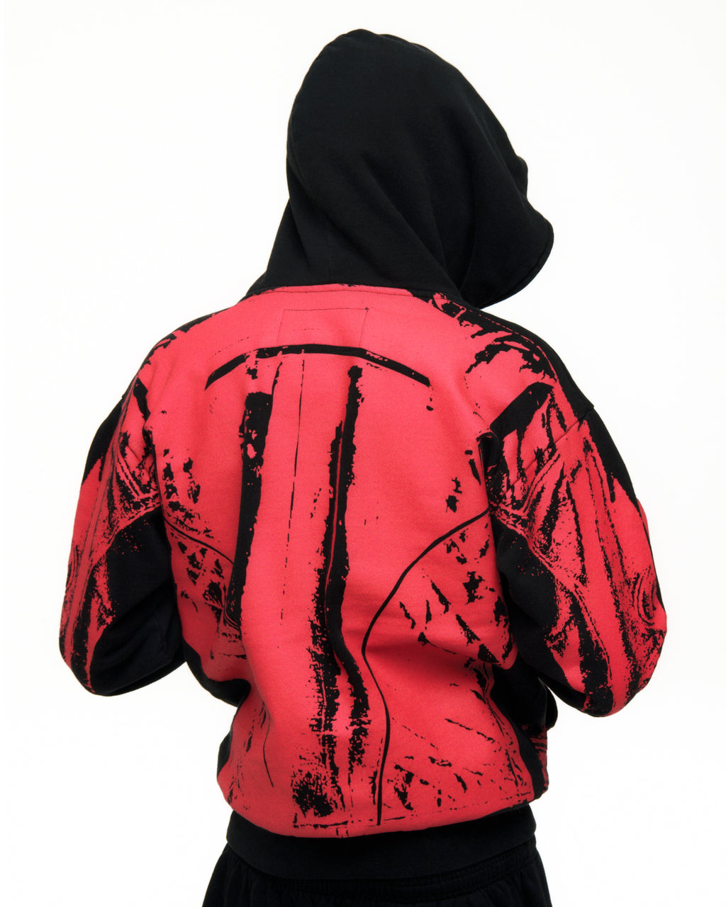 JP5 MOTO HOODIE: Black 13oz cotton fleece hoodie with red painted moto design on the back.