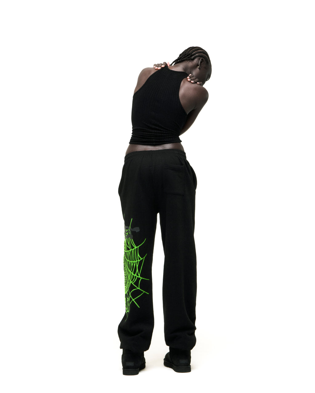Black HEAVY WEB SWEATPANT with neon green SP5DER web graphic and scattered stars on 13oz cotton fleece.