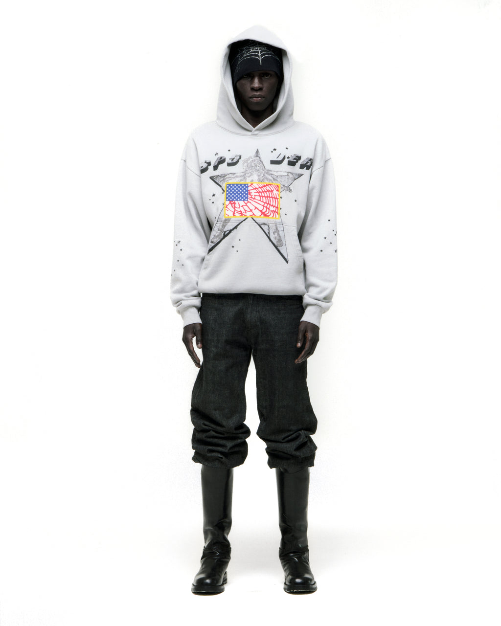 Light grey 100% cotton fleece hoodie with a large graphic star and flag print on the front.