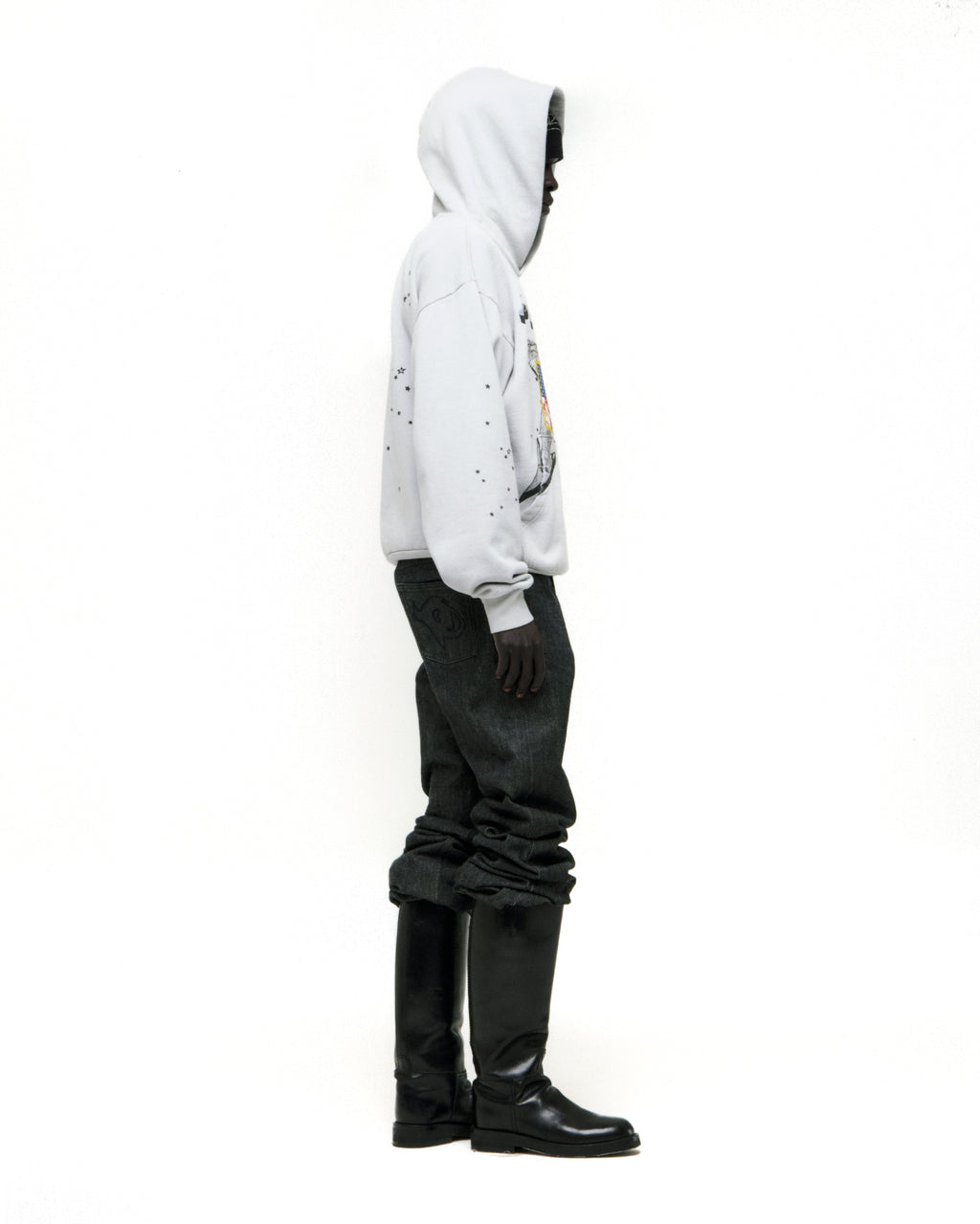 White 100% cotton fleece STAR GIRL HOODIE with graphic print, scattered stars, and kangaroo pocket.
