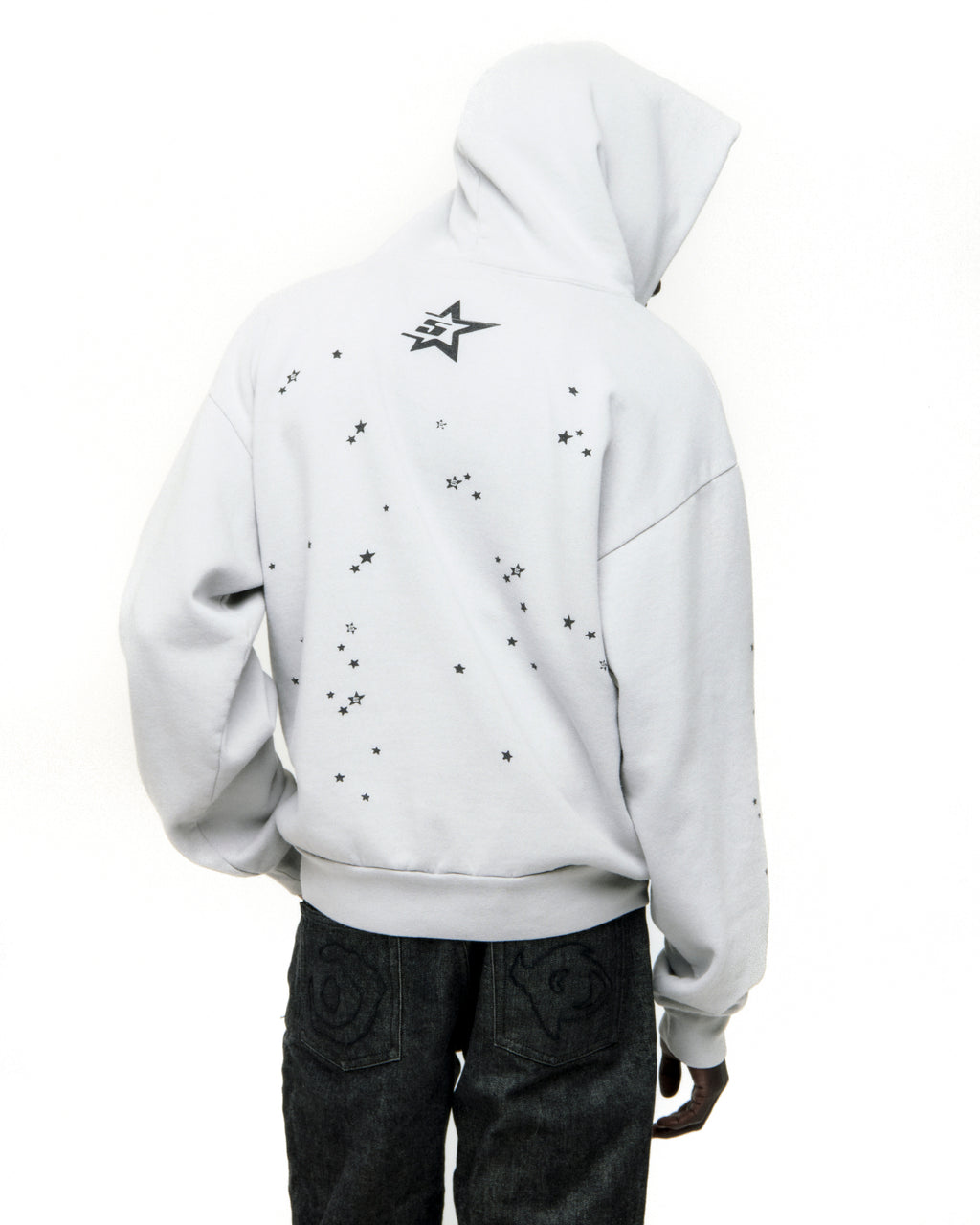 White 100% cotton fleece STAR GIRL HOODIE with scattered star print and '5' star logo on back.