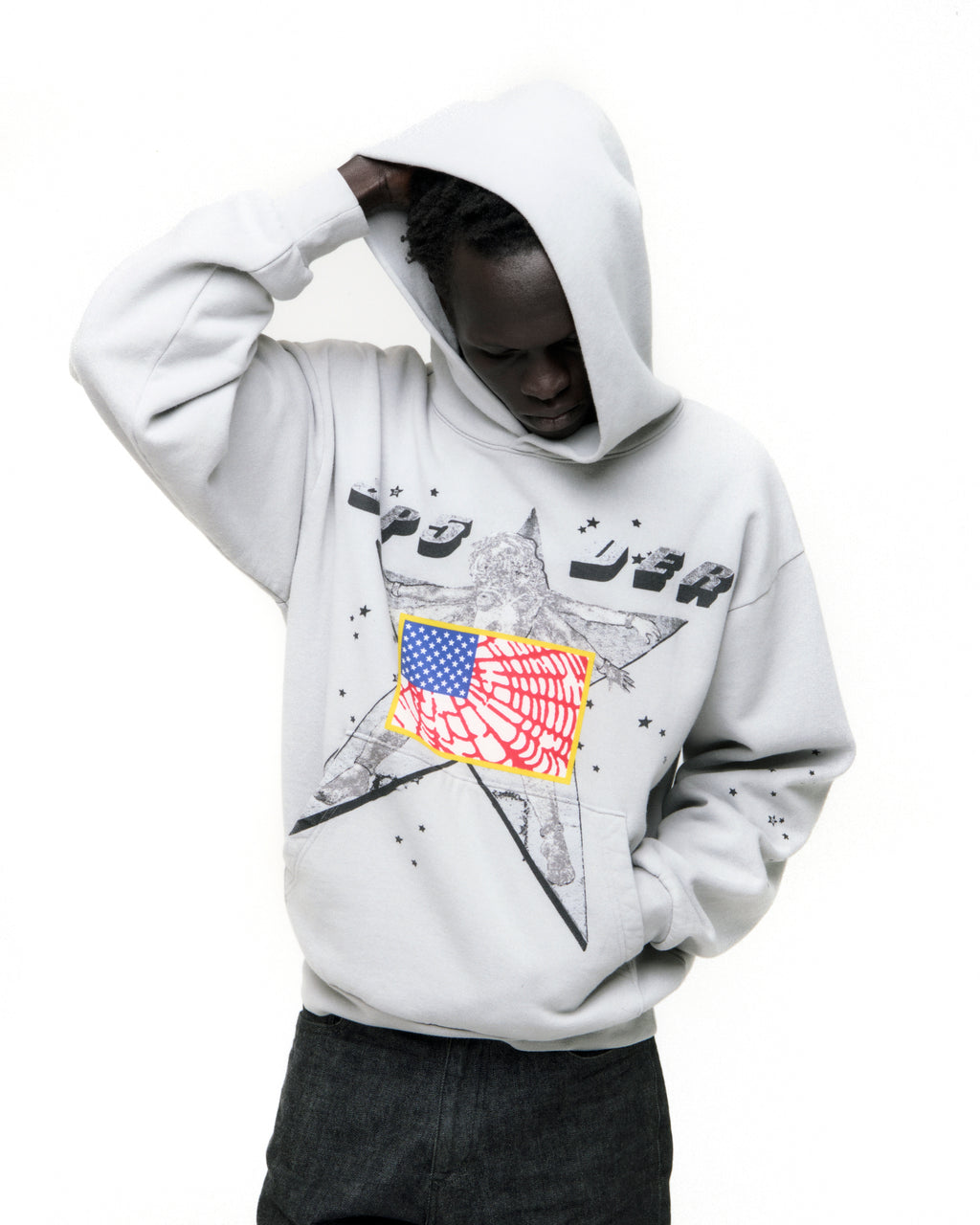 STAR GIRL HOODIE: Light grey 13oz cotton fleece hoodie with front graphic print, scattered stars, and kangaroo pocket.