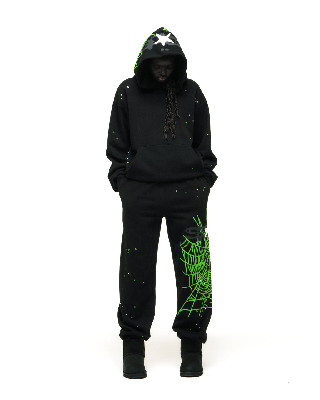 Black cotton fleece hoodie and sweatpants with green web and star prints.