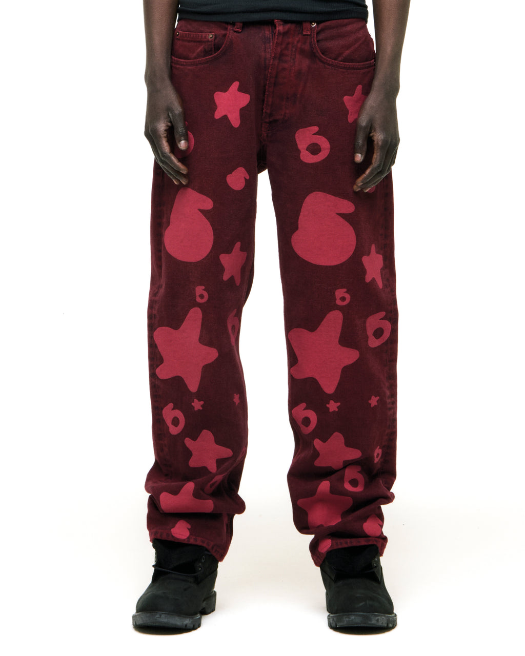 BELUGA DENIM faded wash red jeans with pink Beluga print, custom hardware, and straight leg fit.