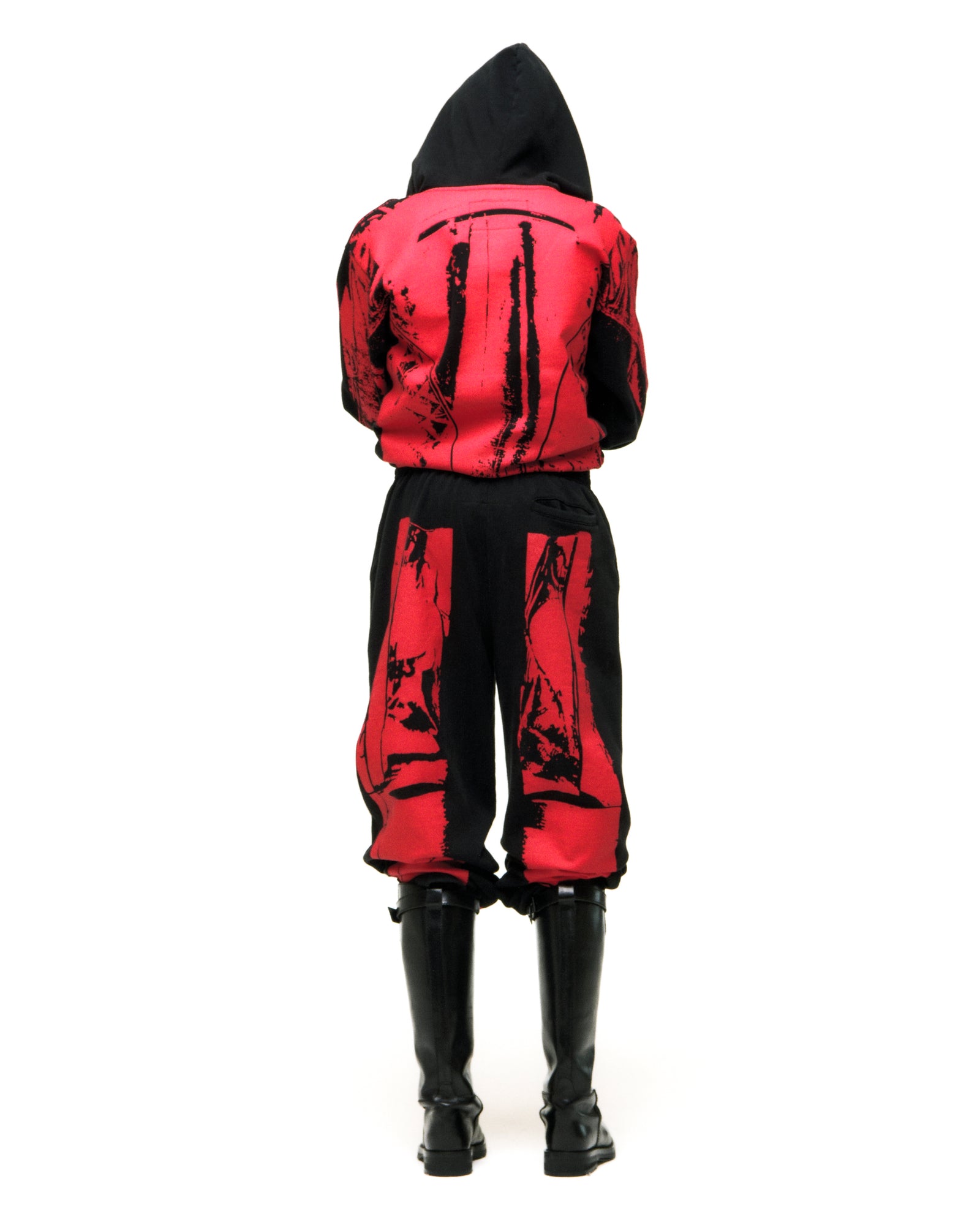 JP5 MOTO HOODIE: Black and red 13oz cotton fleece hoodie with painted moto design, full zipper, and ribbed cuffs.