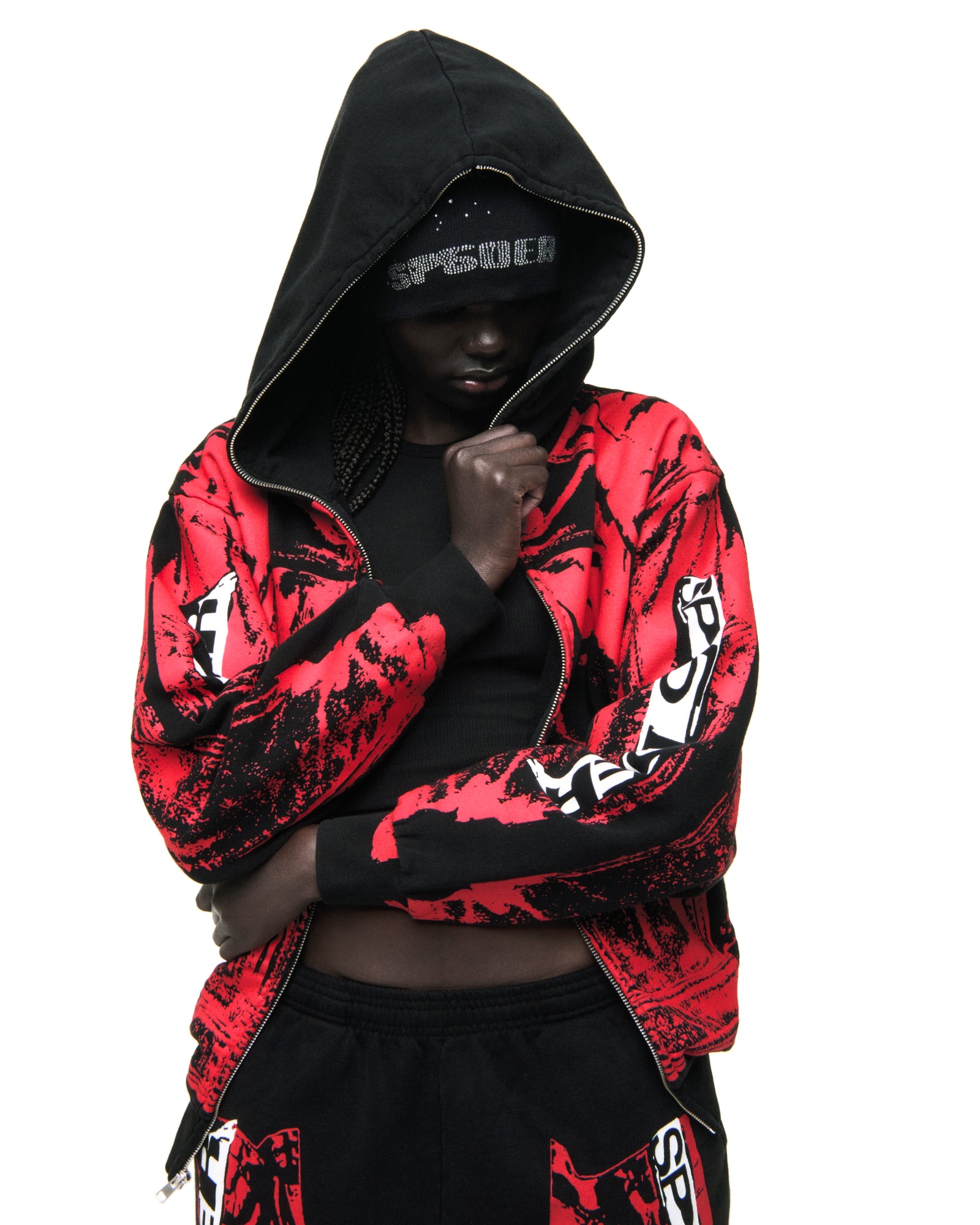 Black and red JP5 Moto Hoodie with painted design, full zipper, kangaroo pocket, and ribbed cuffs.