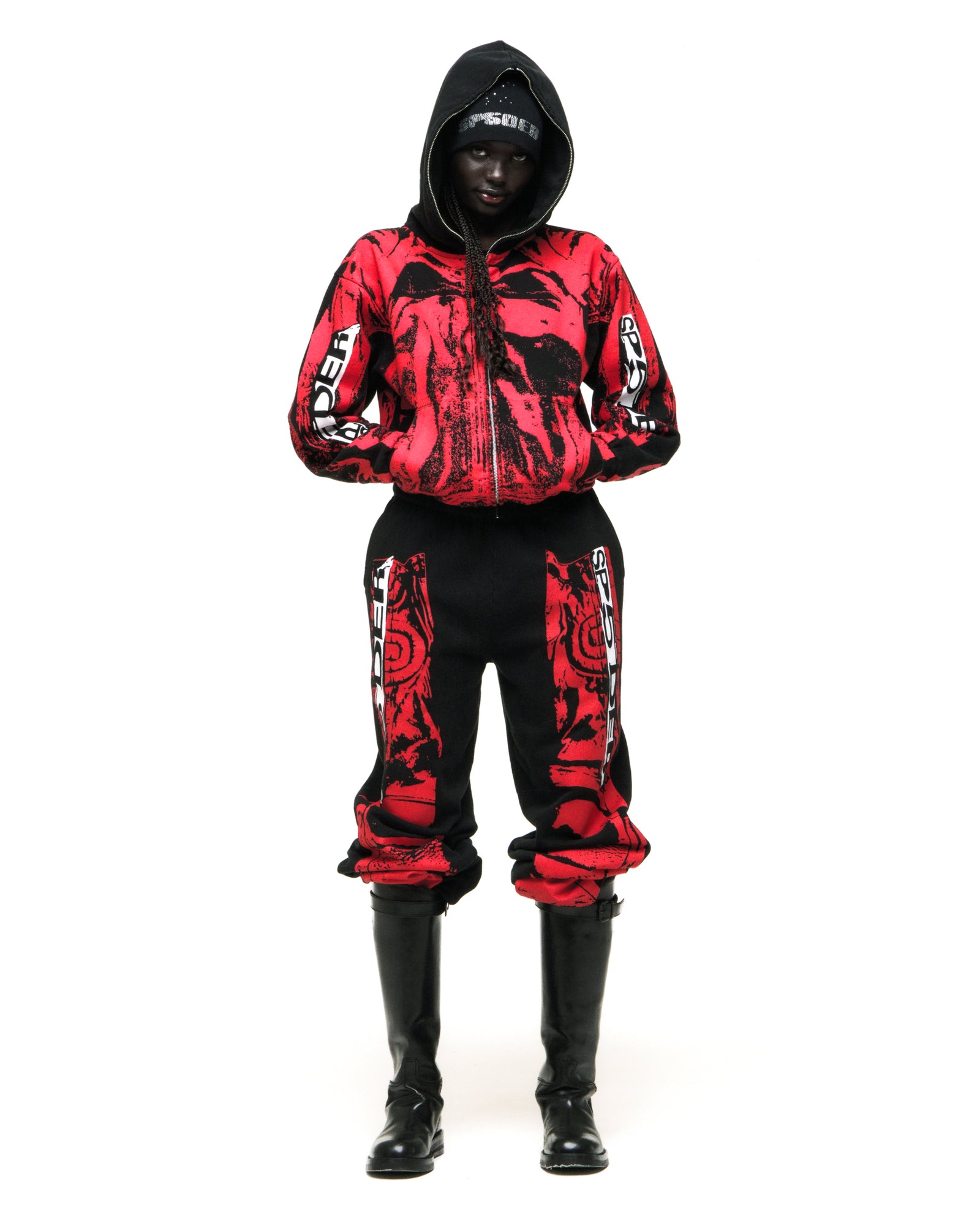 JP5 MOTO HOODIE: Red & black 13oz cotton fleece hoodie with painted moto design, full zipper, and kangaroo pocket.