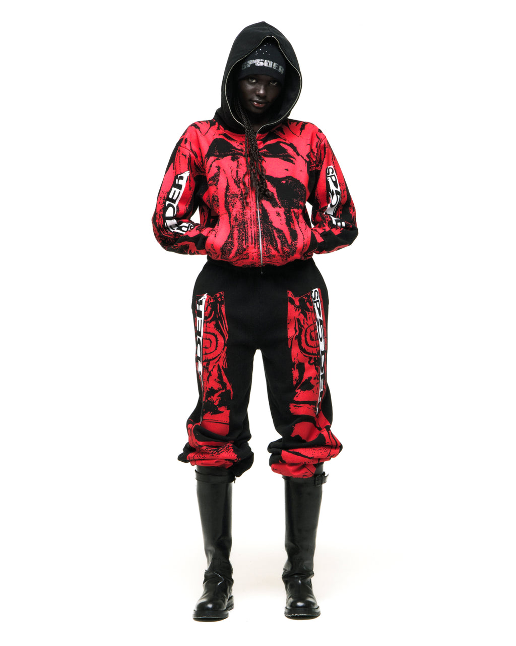 JP5 MOTO HOODIE: Red & black 13oz cotton fleece hoodie with painted moto design, full zipper, and kangaroo pocket.