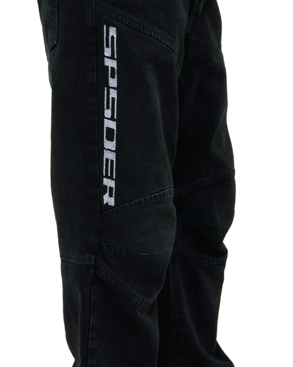 Black faded wash denim pants with "SP5DER" logo, paneled knees, and distressed details.