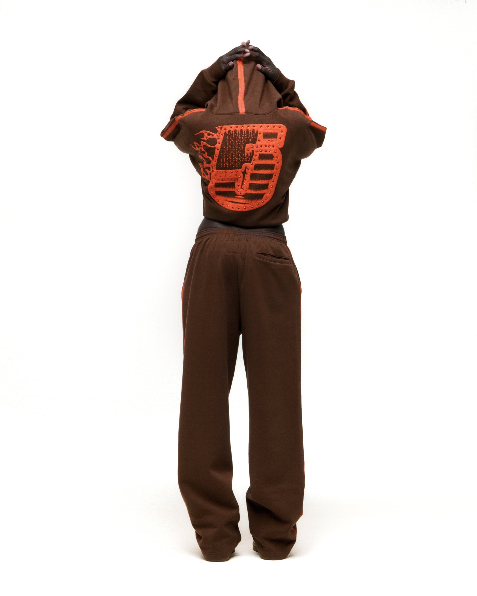 Brown cotton fleece hoodie and sweatpants with orange flaming "5" design on back.