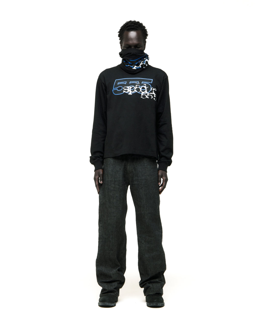 Black 555 SP5DER long sleeve tee with blue graphic print, worn by a model.
