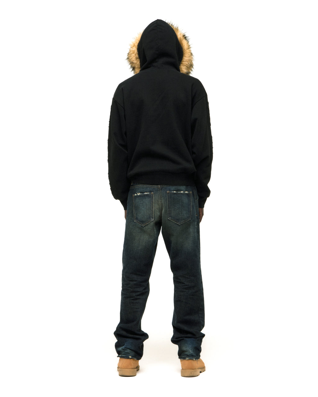 Black 13oz cotton fleece Garibaldi zip-up hoodie with faux fur hood trim and patterned sleeve accents.