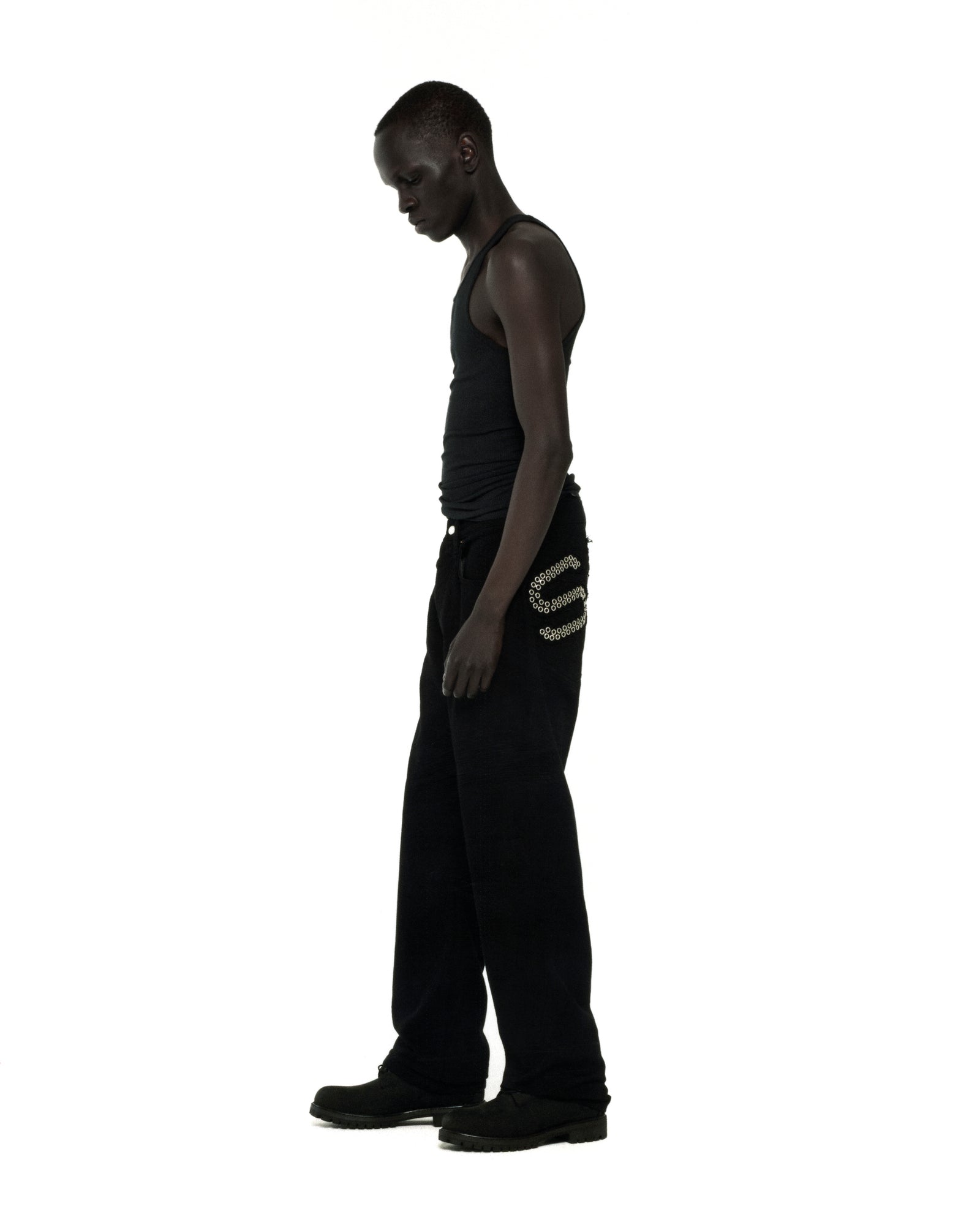 BLACK RIVET DENIM ON MODEL