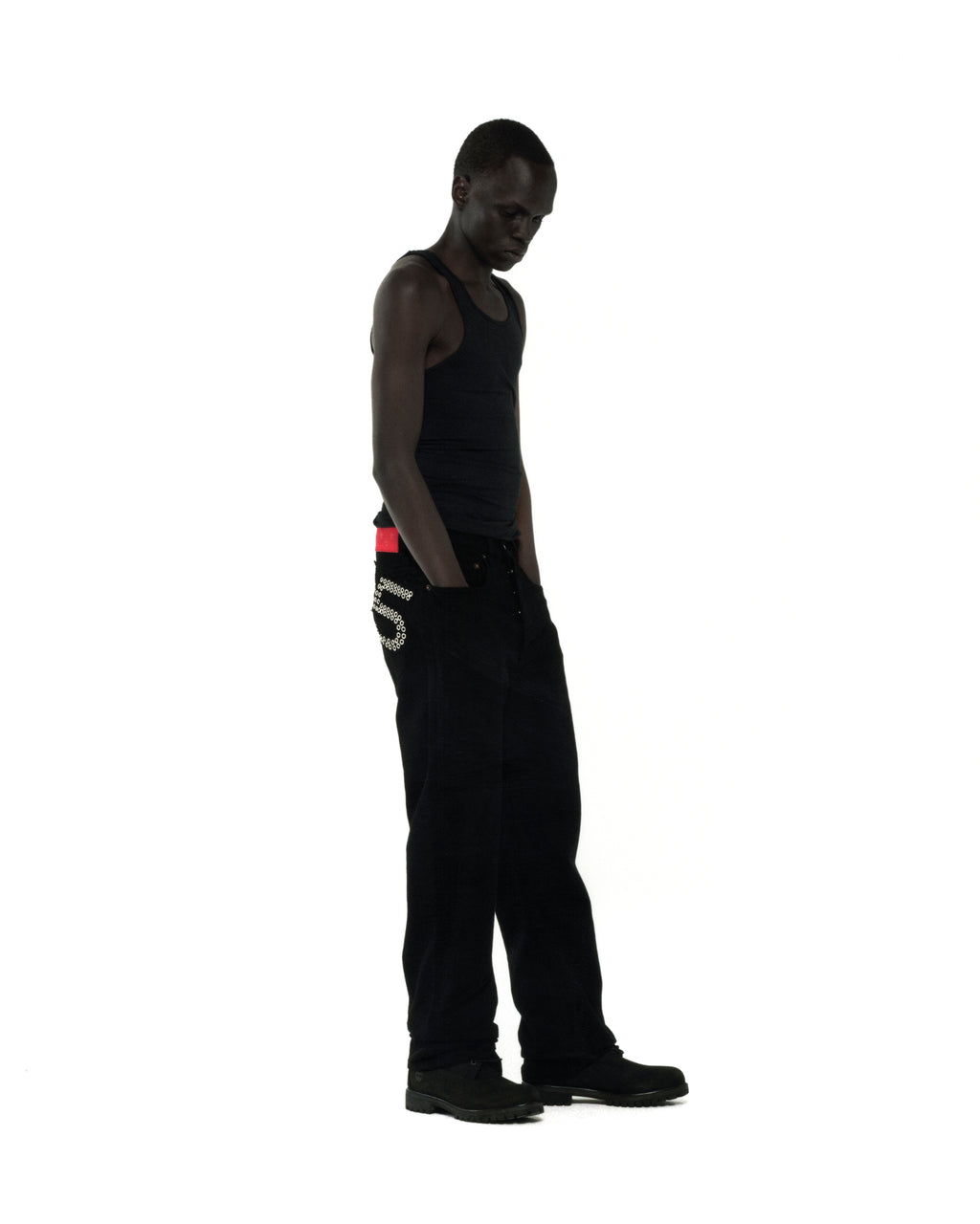 BLACK RIVET DENIM ON MODEL