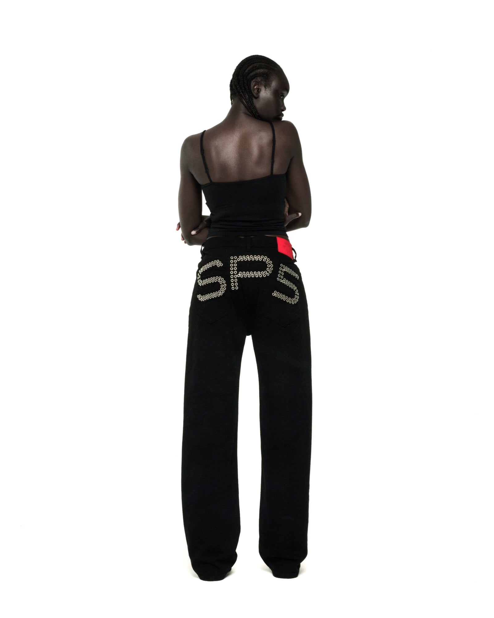 BLACK RIVET DENIM ON MODEL
