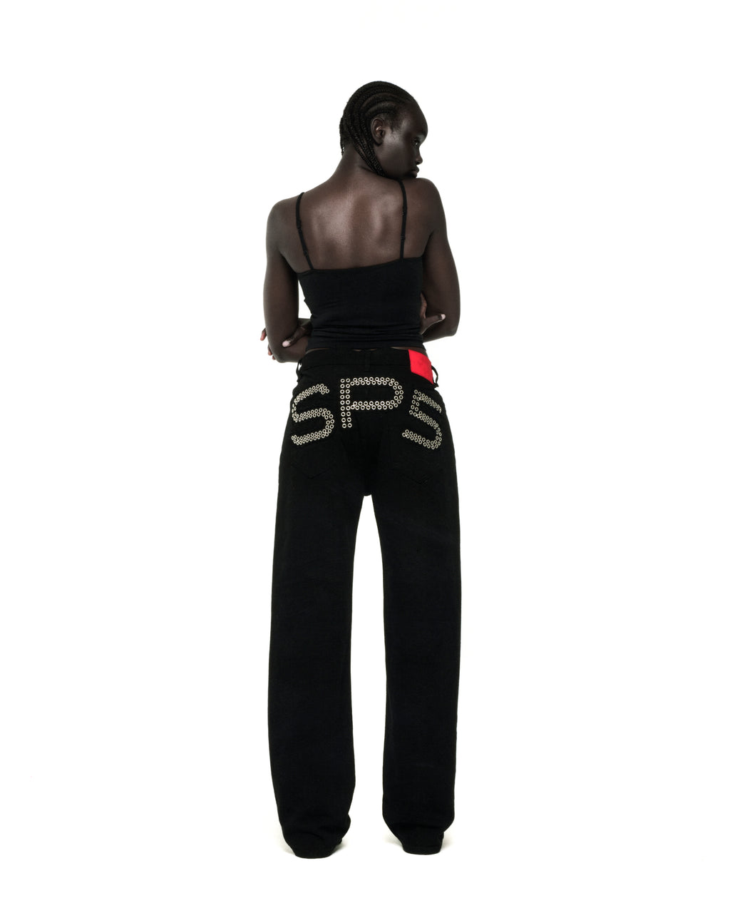 BLACK RIVET DENIM ON MODEL