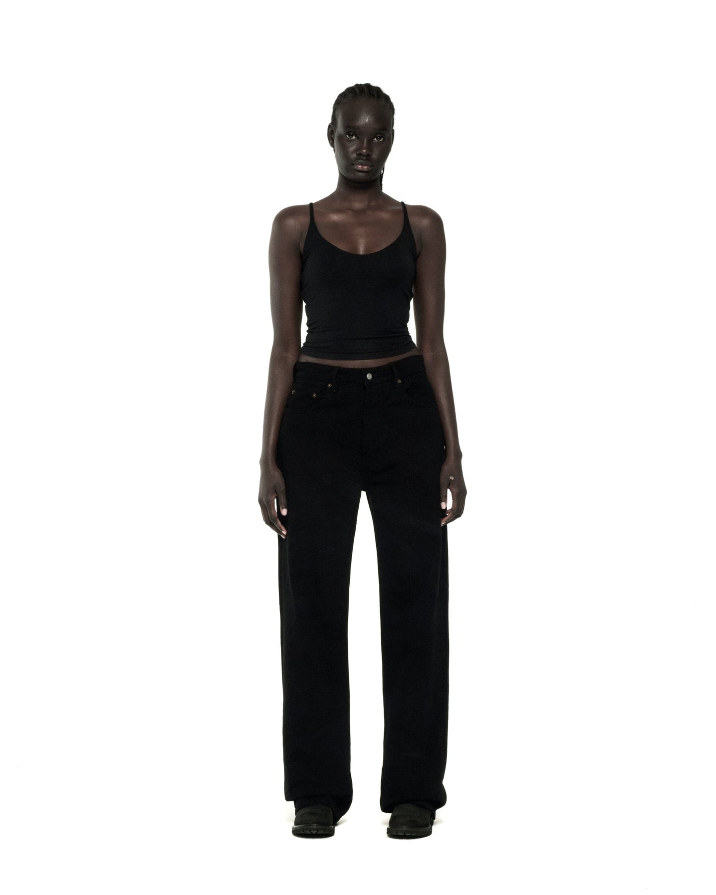 BLACK RIVET DENIM ON MODEL